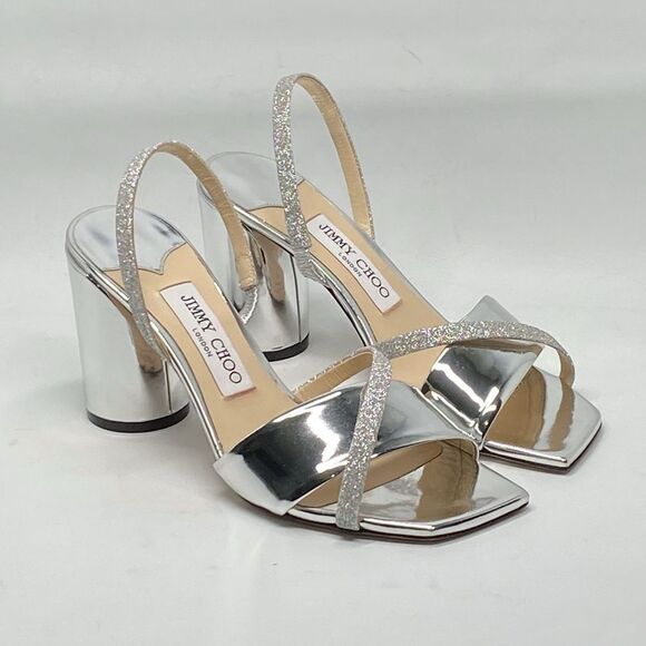 Jimmy Choo Plum Metallic Leather & Glitter Slingback Sandals size 37 - Picture 3 of 11